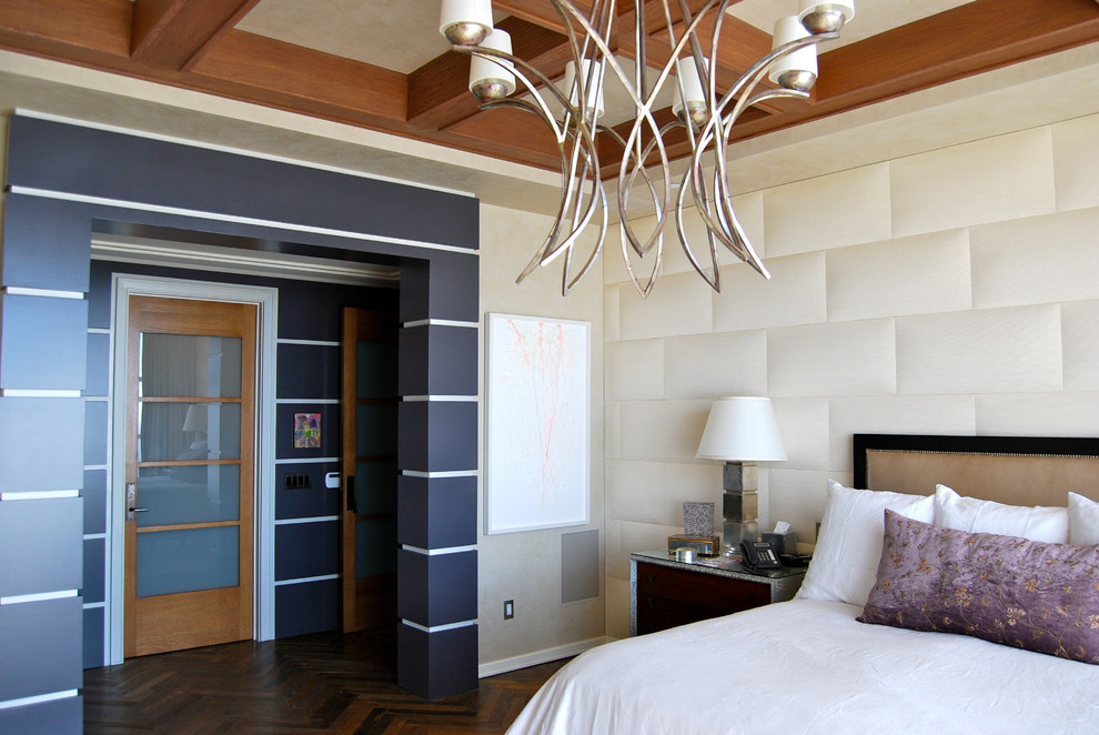 This is an example of a medium sized contemporary master bedroom in Los Angeles with multi-coloured walls, dark hardwood flooring and no fireplace.