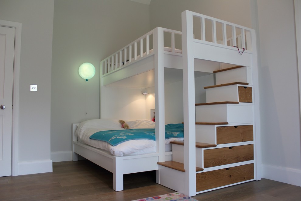Design ideas for a medium sized coastal guest bedroom in West Midlands with white walls and light hardwood flooring.