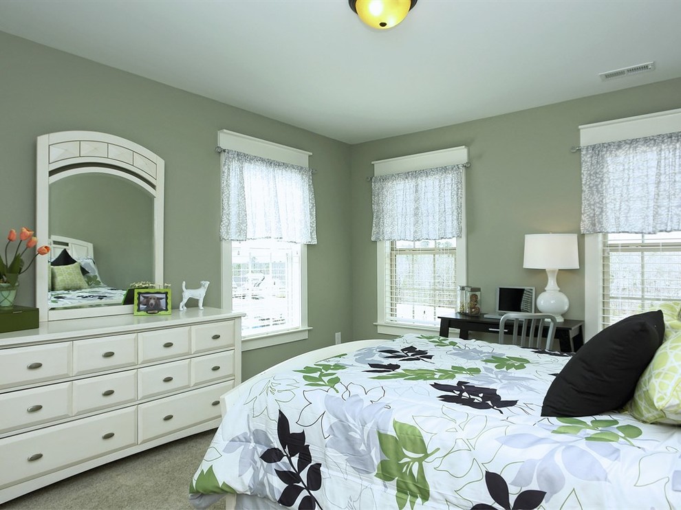 Modelo de habitación de invitados clásica de tamaño medio sin chimenea con paredes grises, moqueta y suelo gris