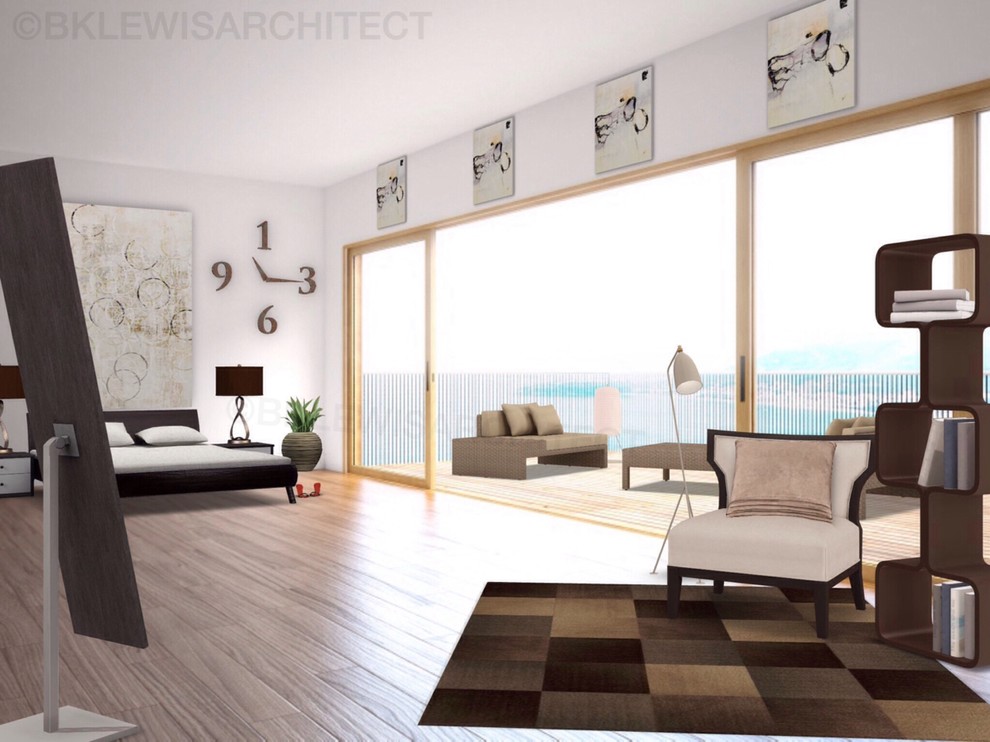 Ejemplo de dormitorio principal mediterráneo de tamaño medio sin chimenea con paredes blancas y suelo de madera clara