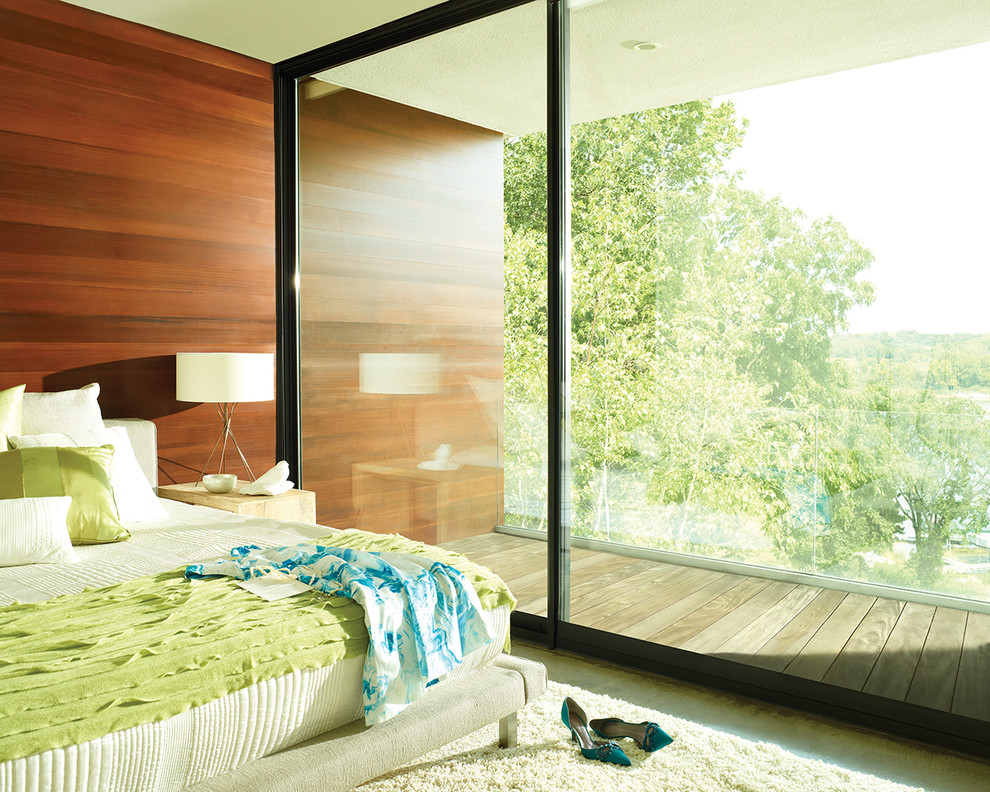 Стильный дизайн: большая хозяйская спальня в стиле модернизм с коричневыми стенами, ковровым покрытием и бежевым полом без камина - последний тренд