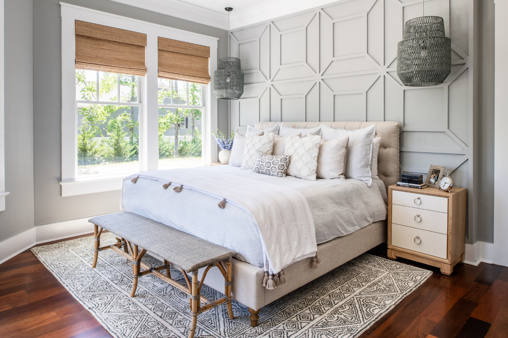 Bedroom - mid-sized coastal master medium tone wood floor bedroom idea in Other with gray walls and no fireplace