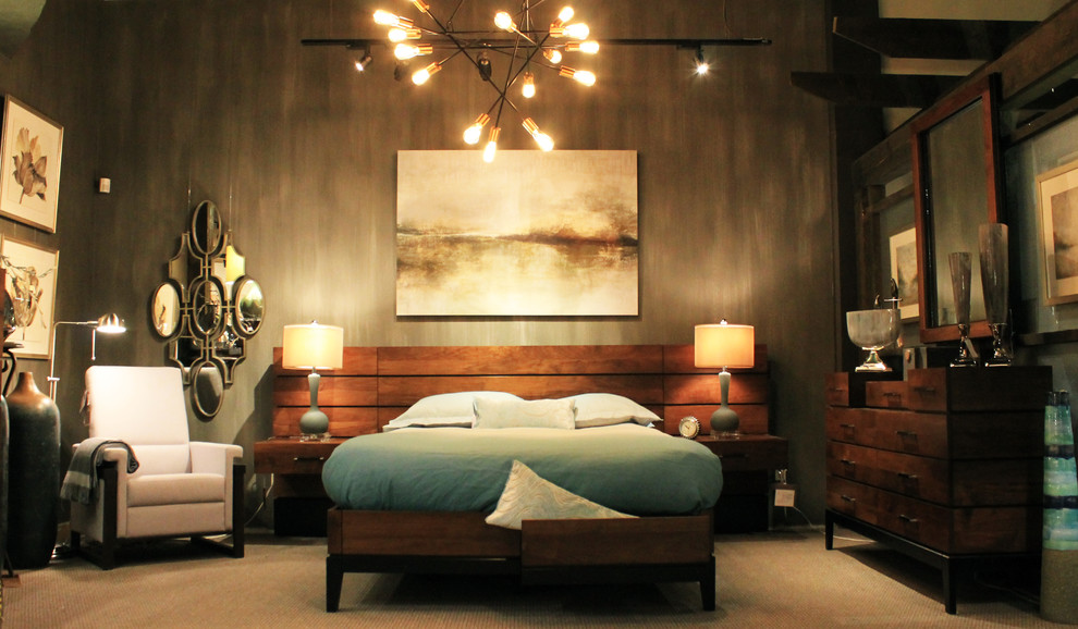 Bedroom - large industrial master concrete floor and beige floor bedroom idea in Calgary with gray walls and no fireplace