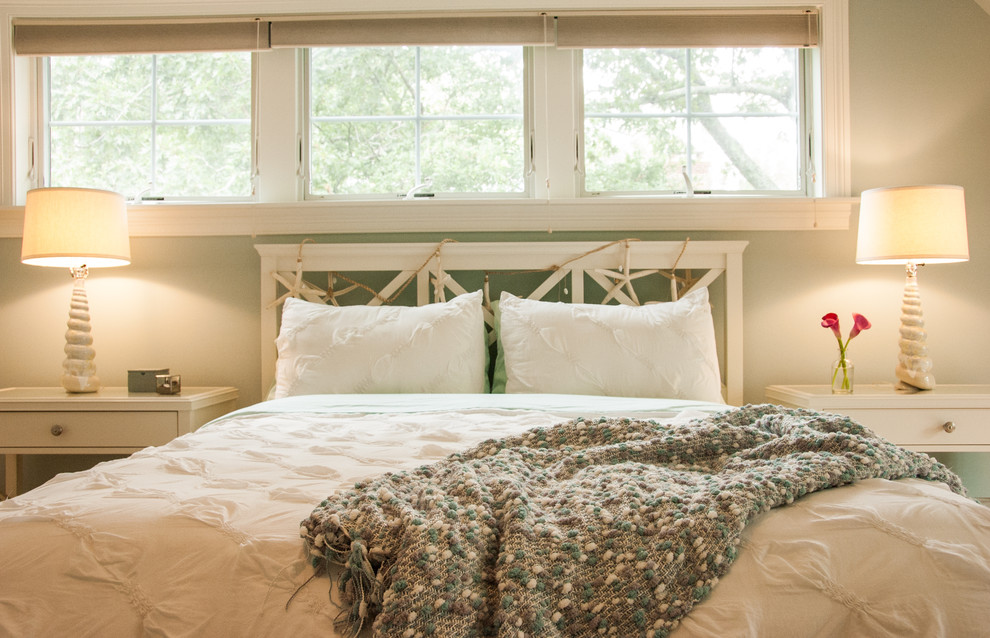 Bedroom - mid-sized coastal master bedroom idea in Portland Maine with gray walls