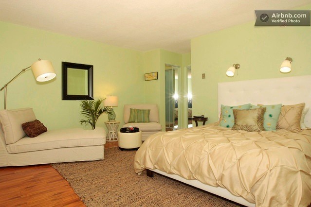 Modelo de habitación de invitados contemporánea pequeña con paredes verdes y suelo laminado