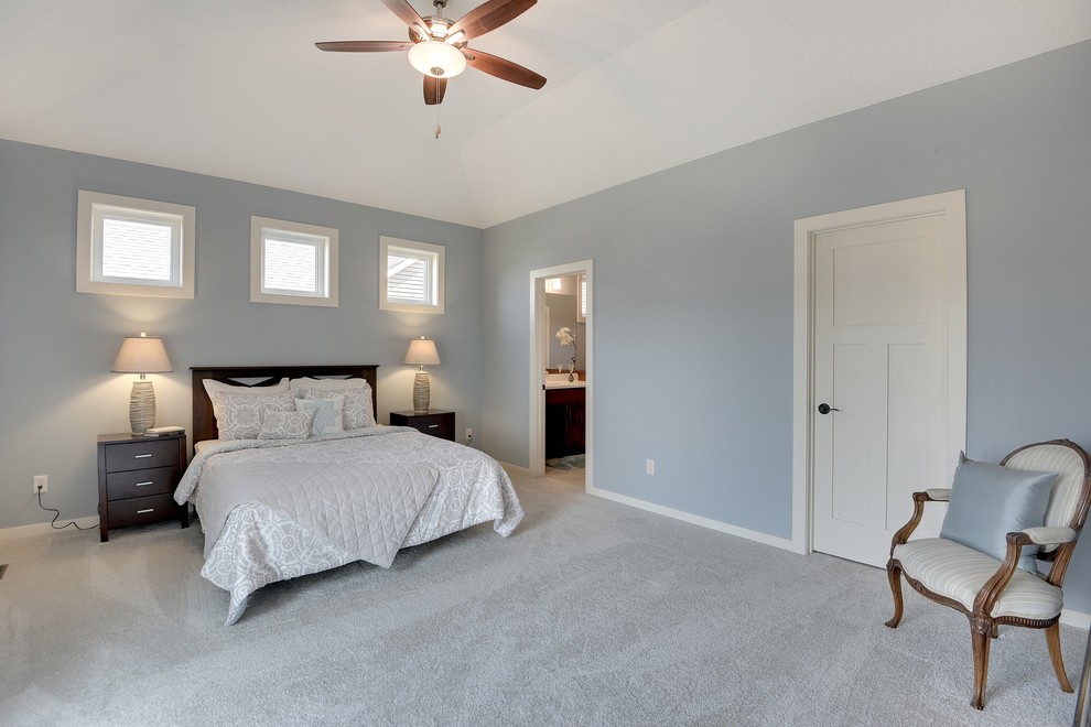 Large transitional master carpeted bedroom photo in Minneapolis with blue walls and no fireplace