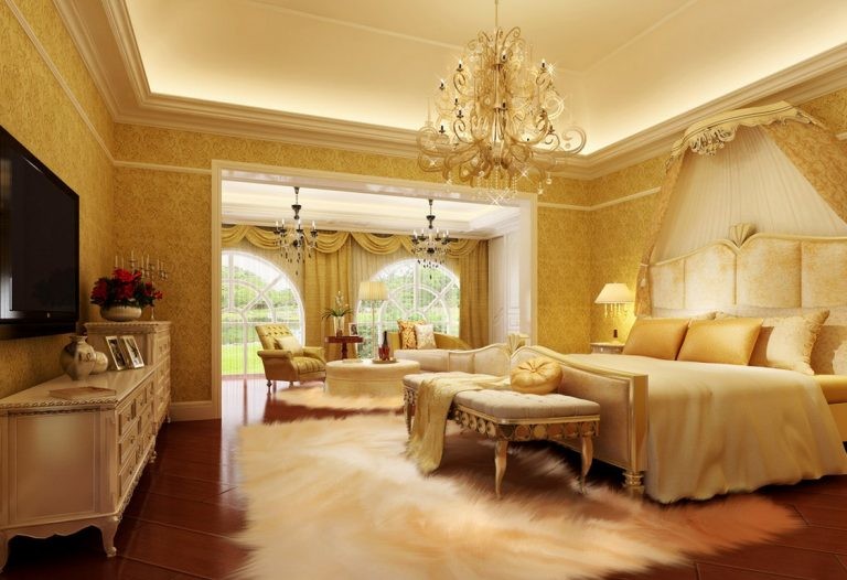 Design ideas for a medium sized classic master bedroom in Charlotte with yellow walls and dark hardwood flooring.