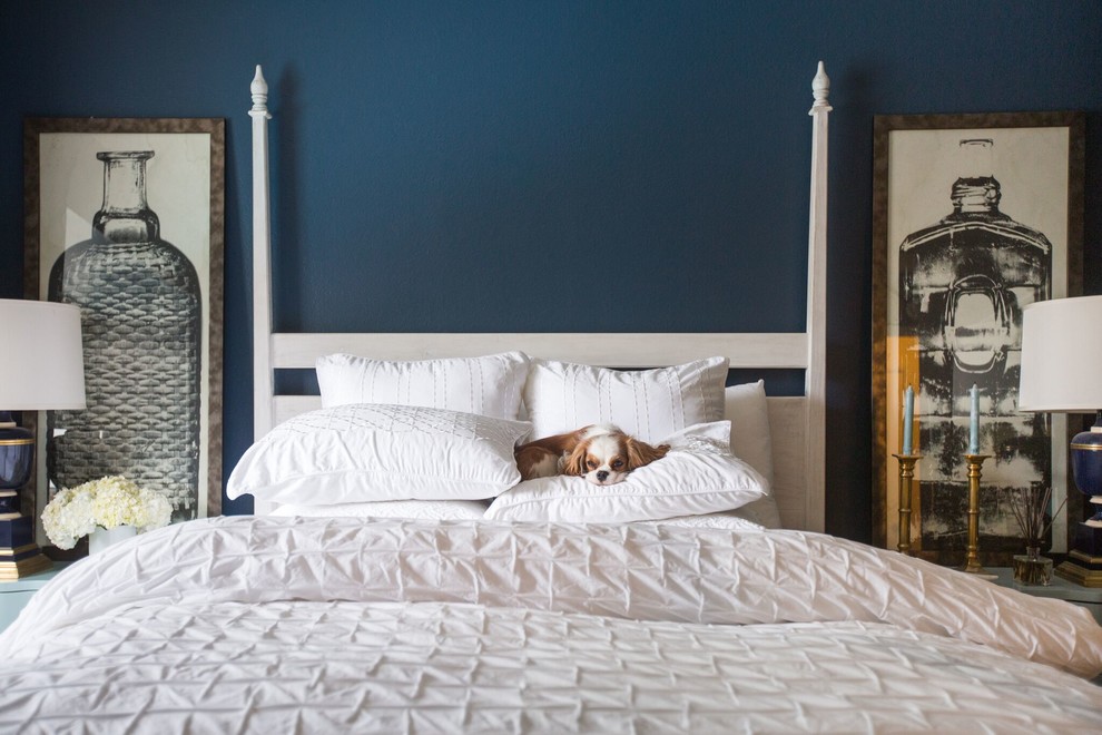 Klassisches Schlafzimmer ohne Kamin mit blauer Wandfarbe in Sacramento