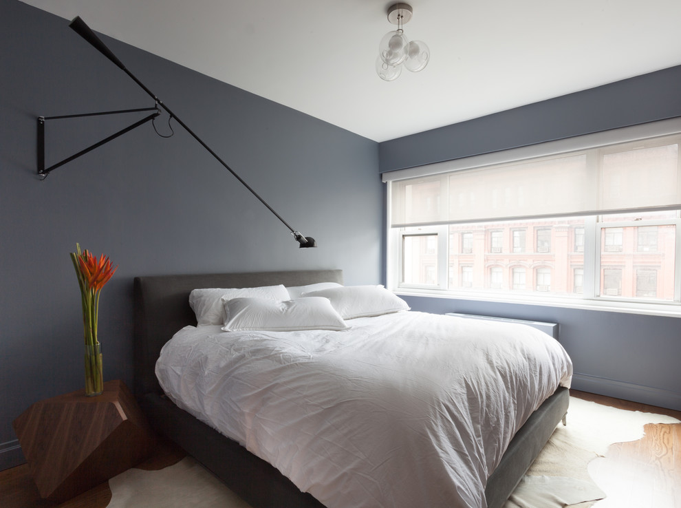Kleines Modernes Hauptschlafzimmer mit grauer Wandfarbe und braunem Holzboden in New York