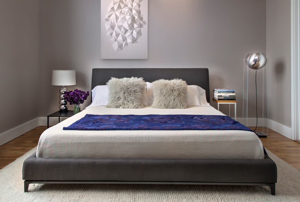 Kleines Modernes Hauptschlafzimmer ohne Kamin mit grauer Wandfarbe und hellem Holzboden in New York