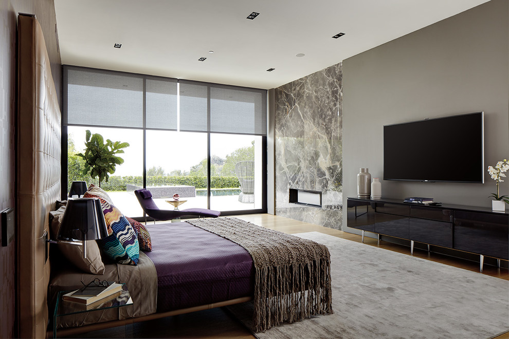 Mittelgroßes Modernes Hauptschlafzimmer mit grauer Wandfarbe, Teppichboden, Kamin und Kaminumrandung aus Stein in Los Angeles