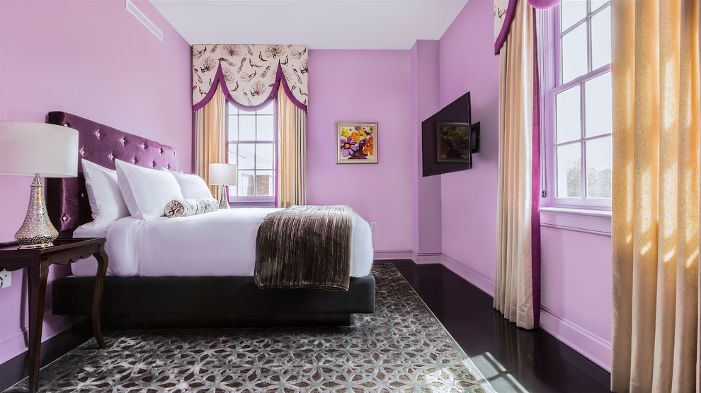 Design ideas for a medium sized victorian guest bedroom in Other with purple walls and dark hardwood flooring.