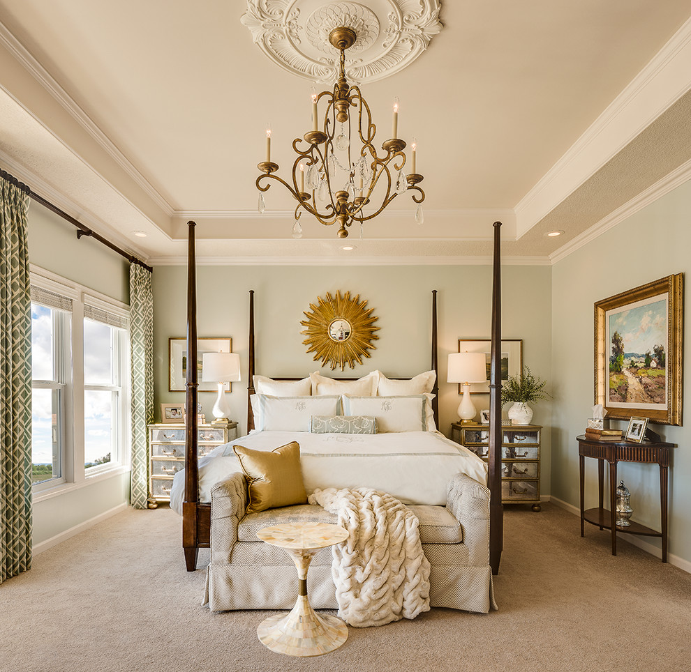 Inspiration for a large timeless master carpeted bedroom remodel in Kansas City with green walls and no fireplace