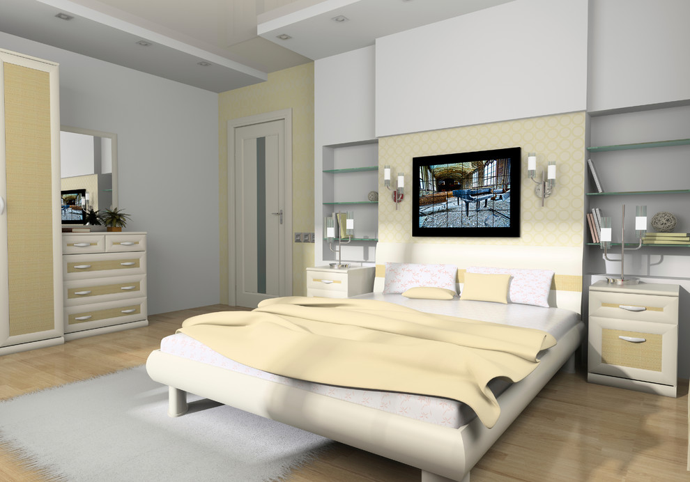 Стильный дизайн: спальня среднего размера на антресоли в стиле модернизм - последний тренд
