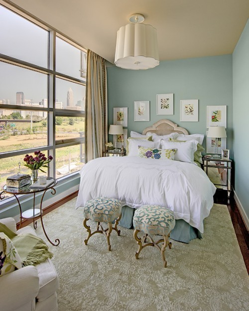 Diseño de dormitorio tradicional con paredes azules y suelo de madera en tonos medios