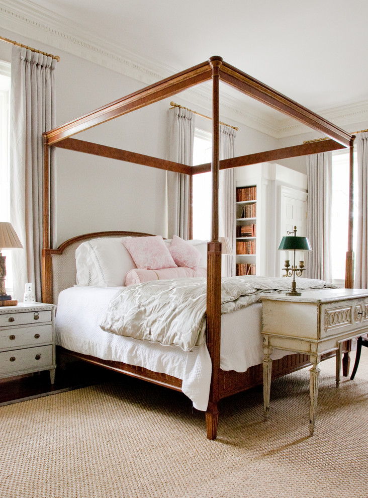 Elegant bedroom photo in Charleston with gray walls