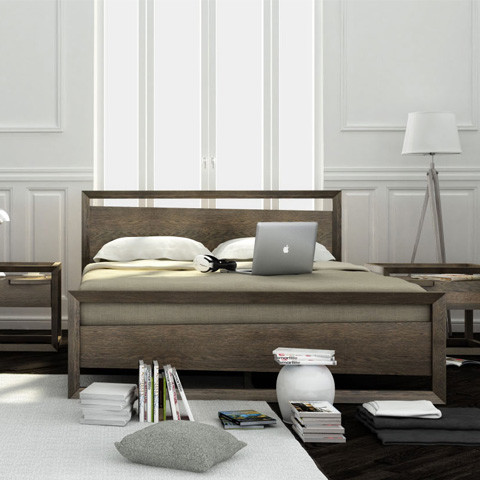 Свежая идея для дизайна: спальня среднего размера в современном стиле с белыми стенами и темным паркетным полом - отличное фото интерьера