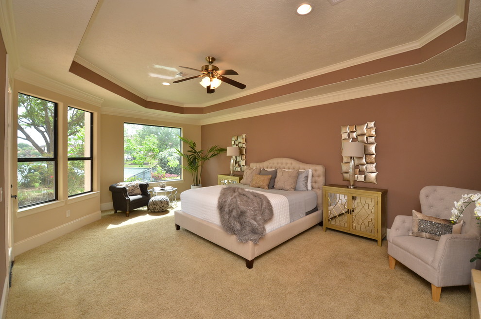Large transitional master carpeted and beige floor bedroom photo in Houston with multicolored walls and no fireplace