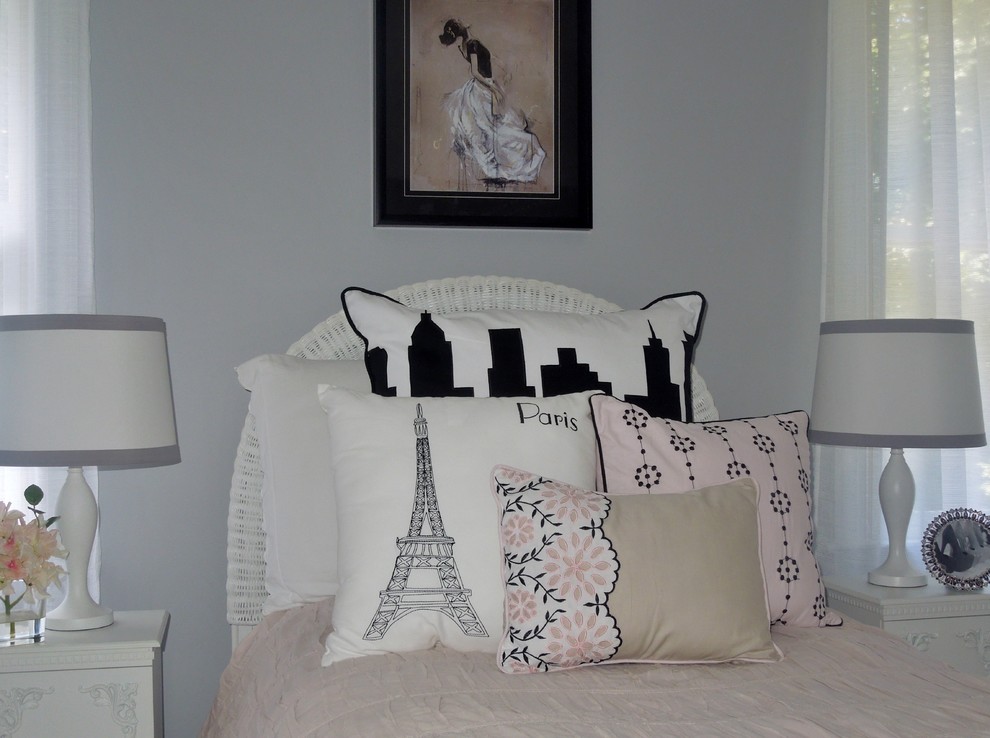 Photo of a classic grey and pink bedroom in Raleigh.