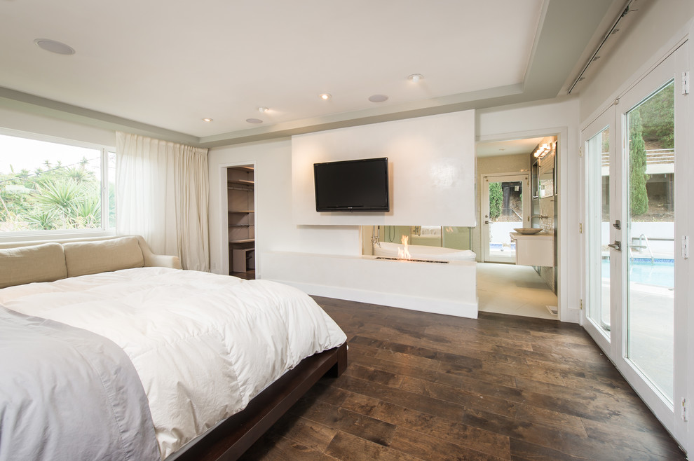 Example of a large minimalist master dark wood floor bedroom design in Los Angeles with white walls and a two-sided fireplace
