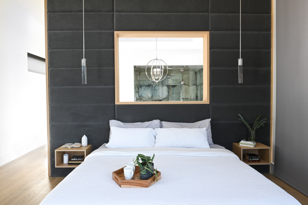 Пример оригинального дизайна: хозяйская спальня в современном стиле с белыми стенами и паркетным полом среднего тона