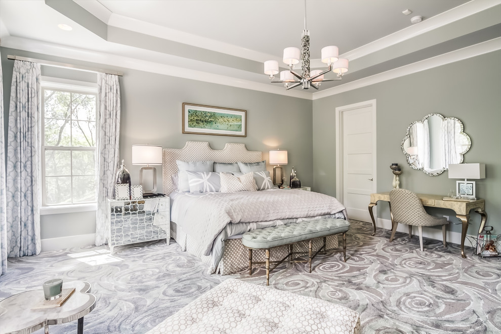 Example of a transitional carpeted bedroom design in Nashville with gray walls
