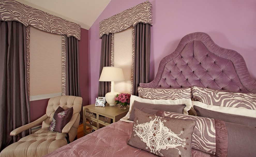 Bedroom - mid-sized transitional guest bedroom idea in New York with purple walls