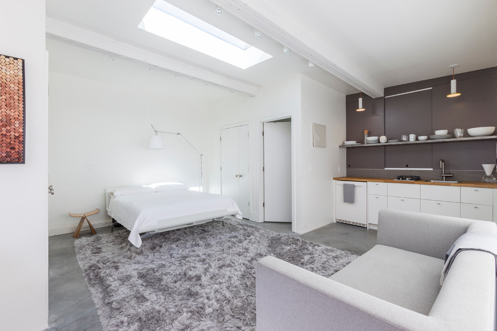 Idee per una piccola camera degli ospiti minimalista con pareti bianche, nessun camino e pavimento in cemento
