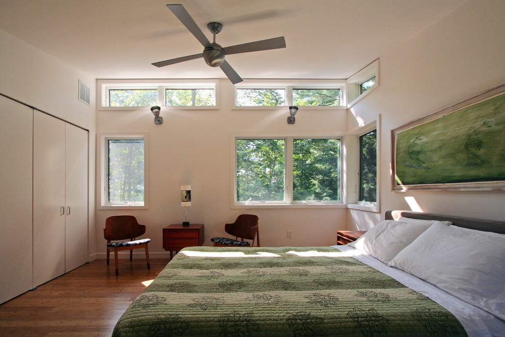 Идея дизайна: спальня в стиле модернизм с белыми стенами