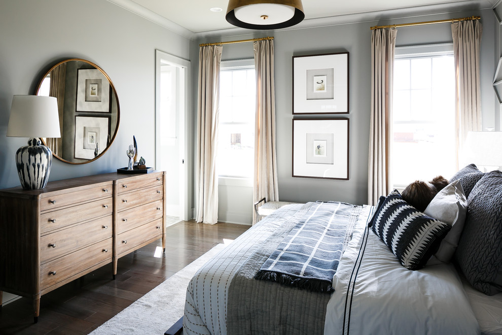 Bedroom - large transitional master medium tone wood floor bedroom idea in Louisville with gray walls and no fireplace