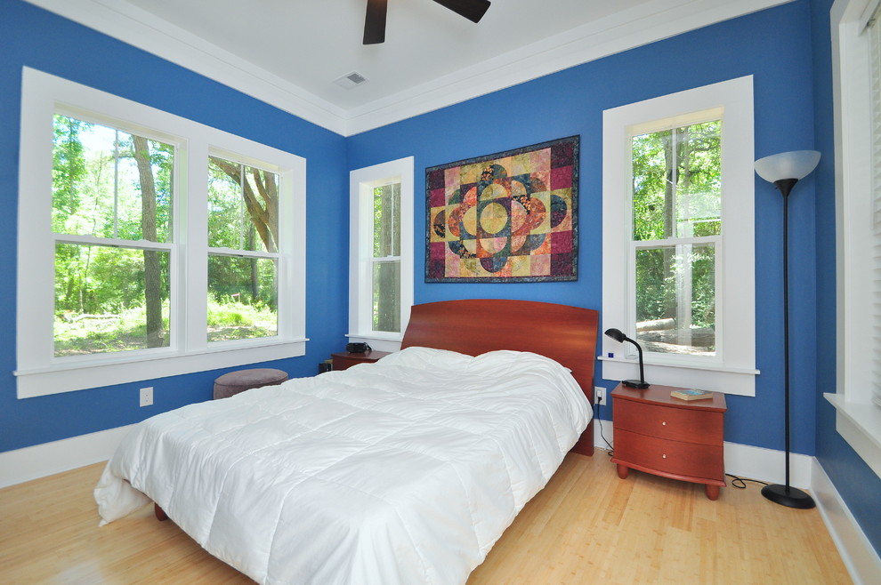 This is an example of a small master bedroom in Charleston with blue walls and bamboo flooring.