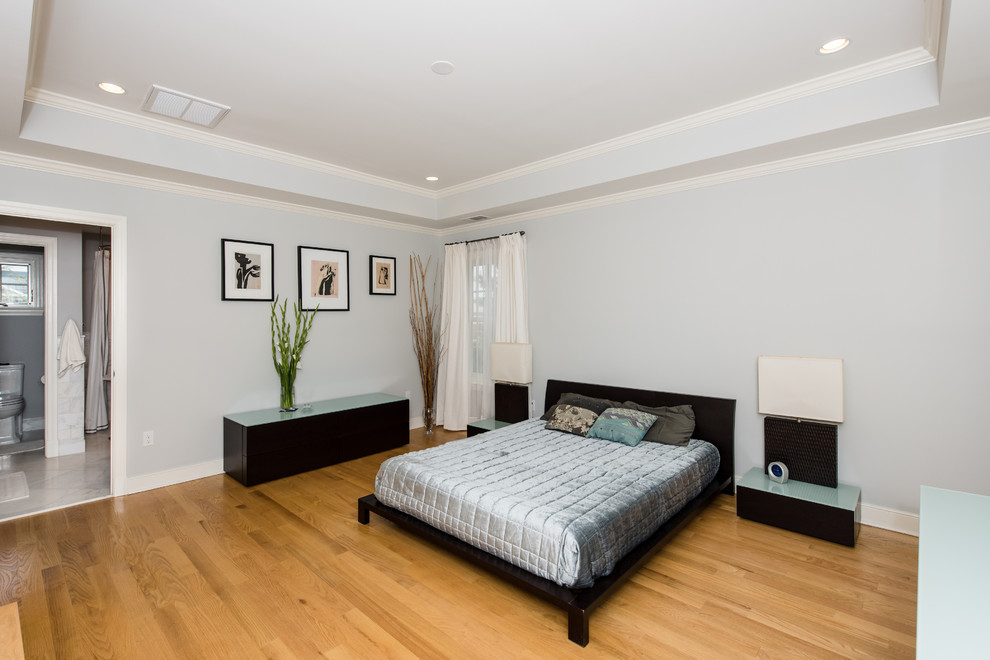 Mid-sized master light wood floor bedroom photo in DC Metro with blue walls