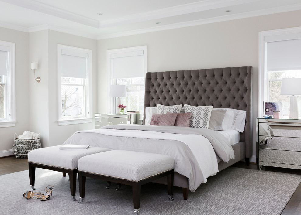 Large transitional master dark wood floor and brown floor bedroom photo in DC Metro with beige walls and no fireplace