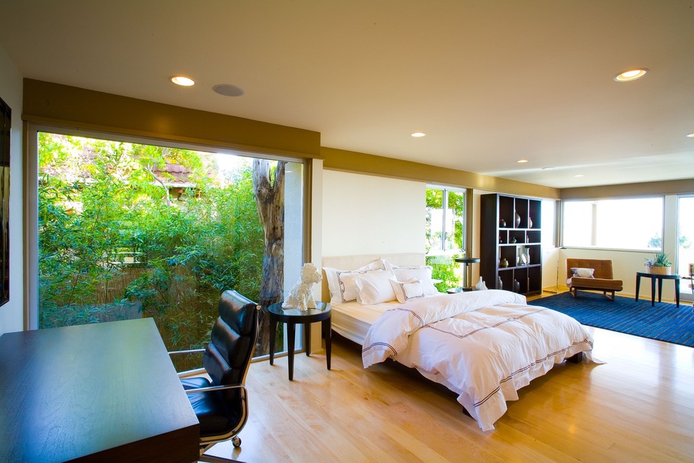 Cette photo montre une chambre moderne avec un mur blanc et un sol en bois brun.