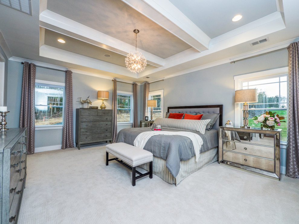シャーロットにある広いおしゃれな主寝室 (青い壁、カーペット敷き、ベージュの床、格子天井)