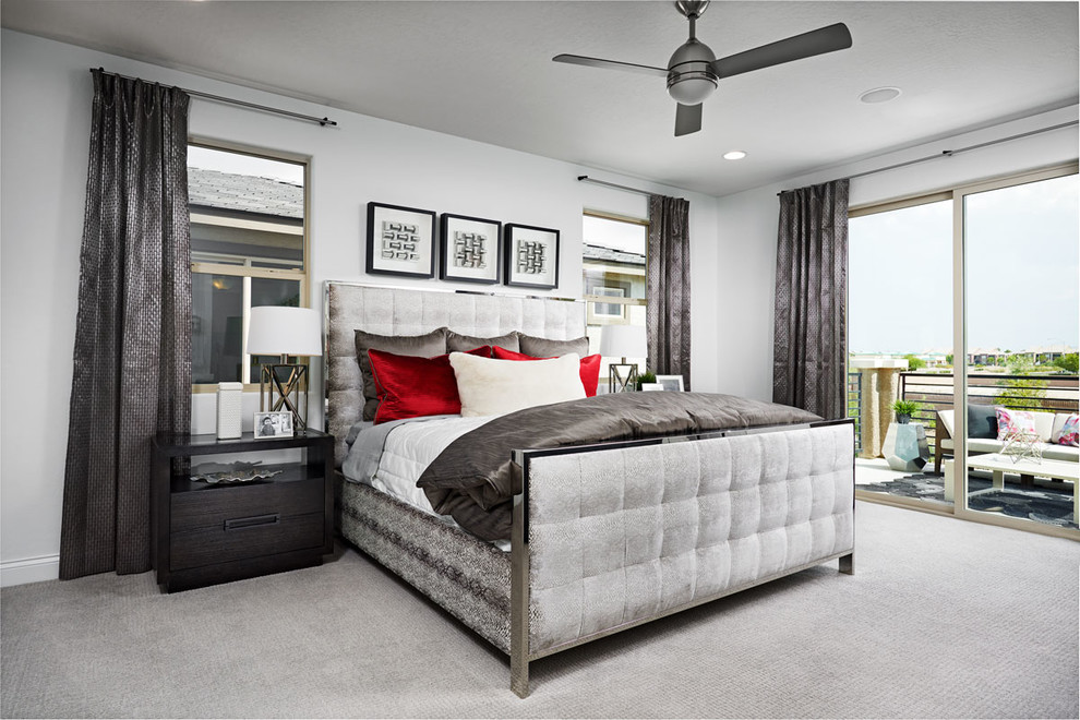 Design ideas for a contemporary master bedroom in Denver with carpet and grey floors.