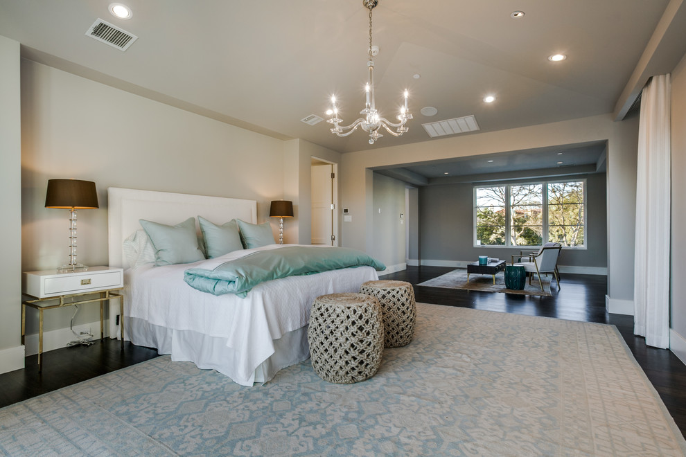 Inspiration for a huge transitional master medium tone wood floor bedroom remodel in Dallas with beige walls and no fireplace