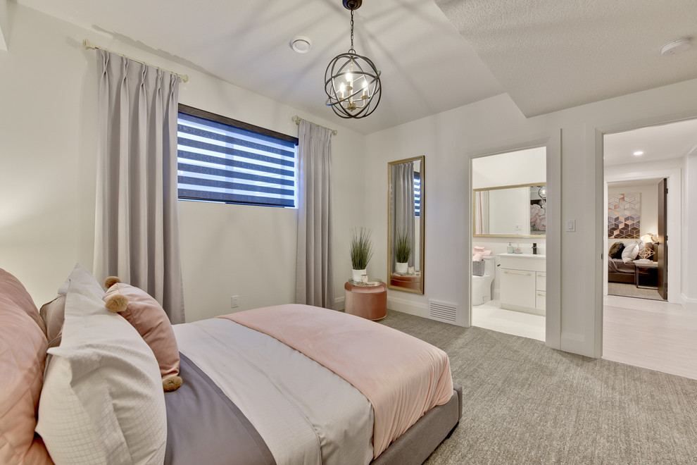 Ispirazione per una camera degli ospiti design di medie dimensioni con pareti bianche, moquette e pavimento grigio