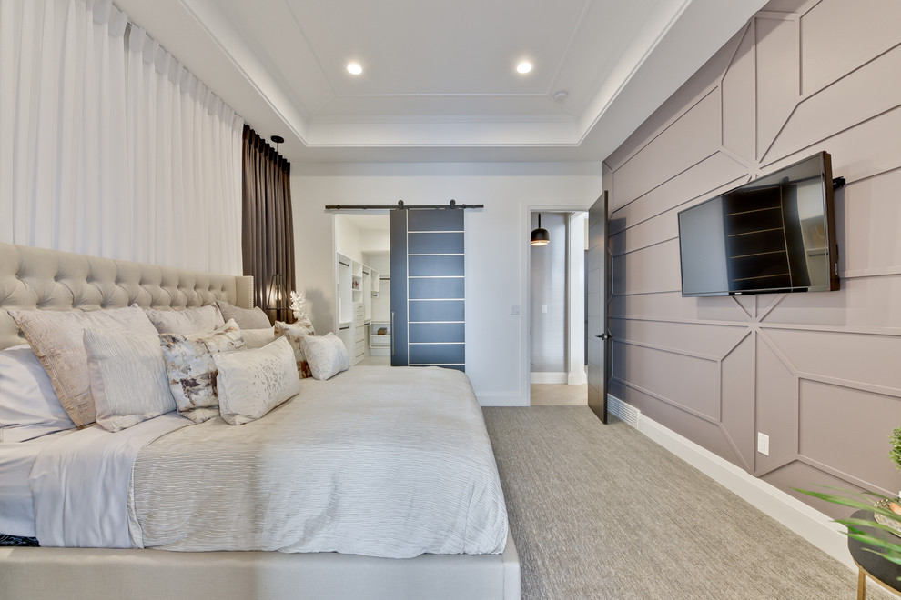 Inspiration for a medium sized traditional master and grey and brown bedroom in Edmonton with white walls, carpet and grey floors.