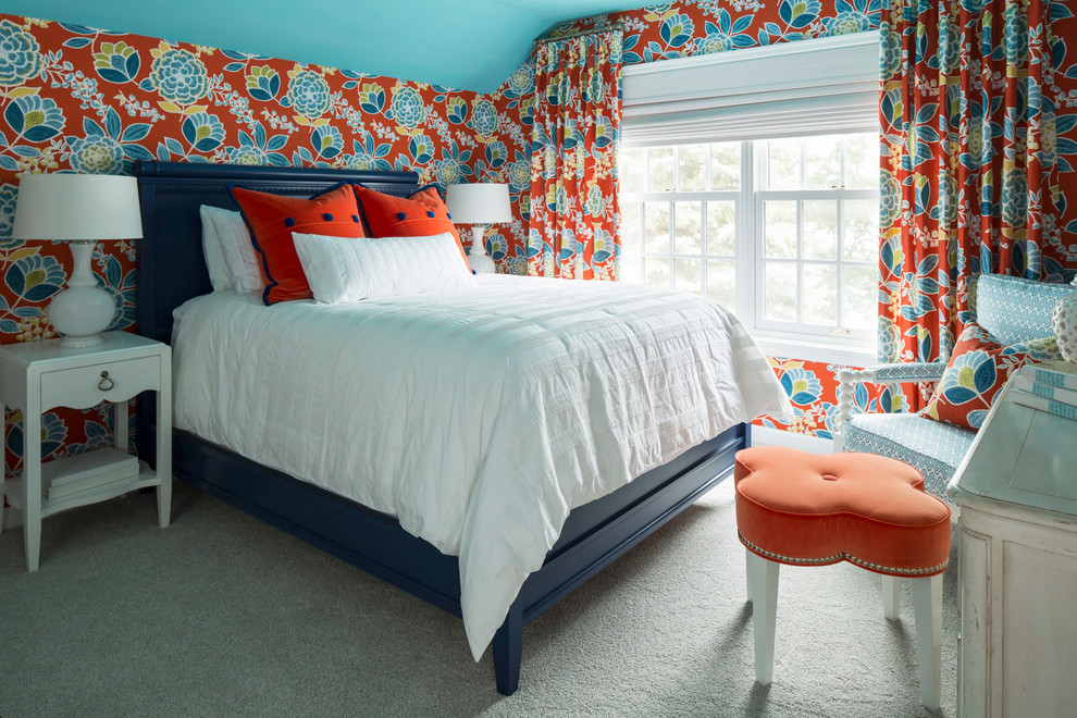 Inspiration for a timeless guest carpeted bedroom remodel in Minneapolis with multicolored walls and no fireplace