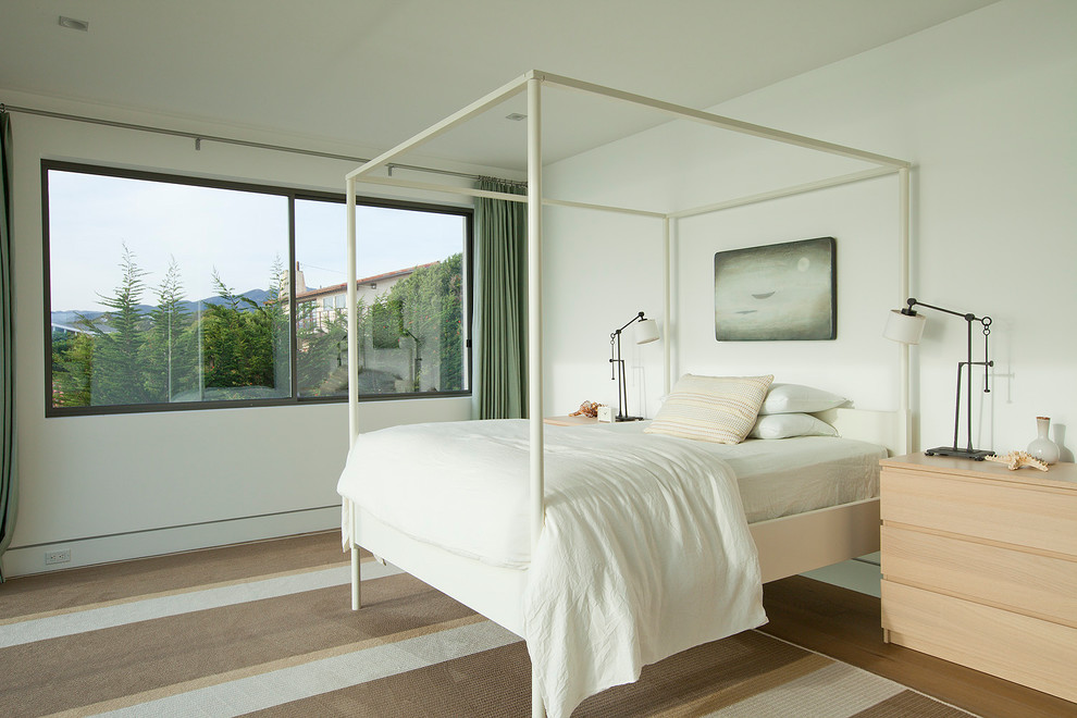 Ejemplo de dormitorio principal marinero sin chimenea con paredes blancas, suelo de madera en tonos medios y suelo marrón