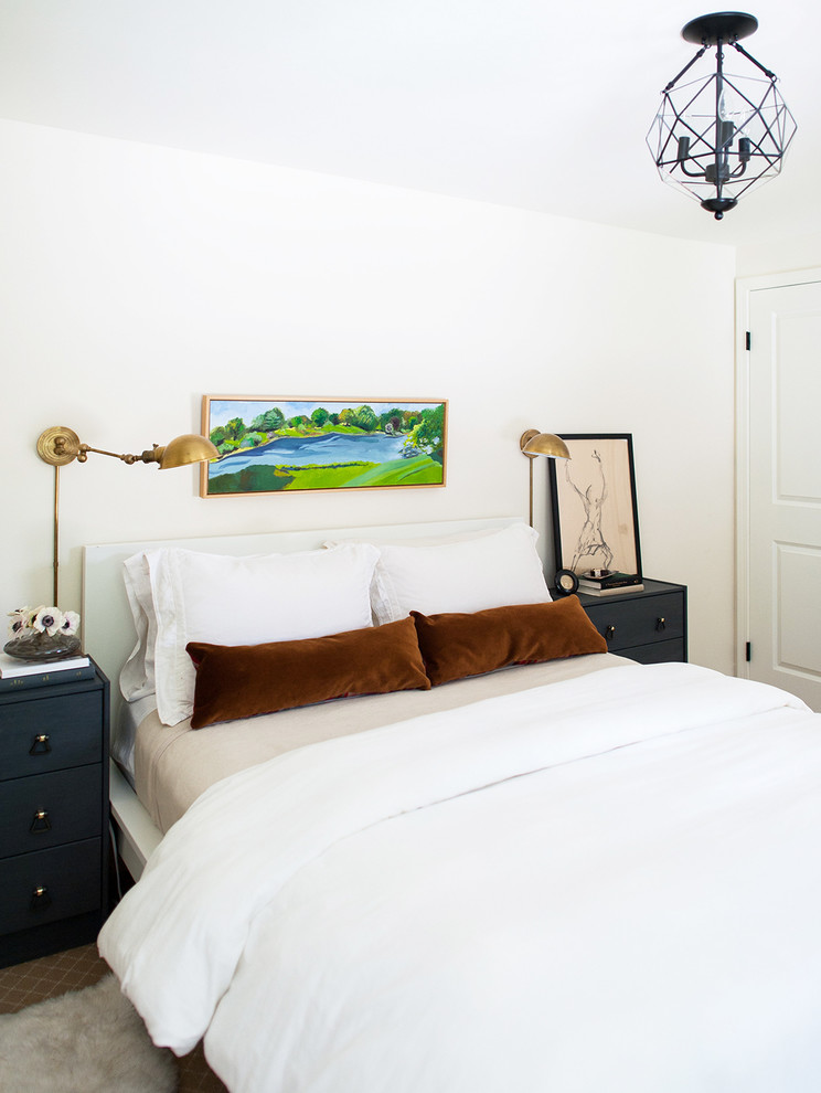 デトロイトにあるトランジショナルスタイルのおしゃれな寝室 (白い壁) のインテリア