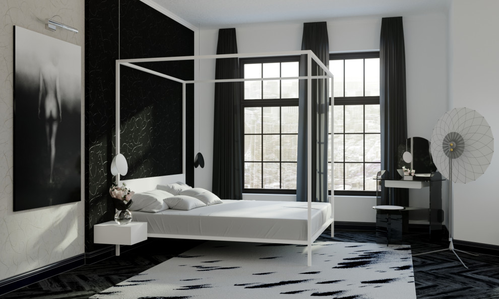 Пример оригинального дизайна: большая хозяйская спальня в стиле модернизм с черными стенами, темным паркетным полом и черным полом