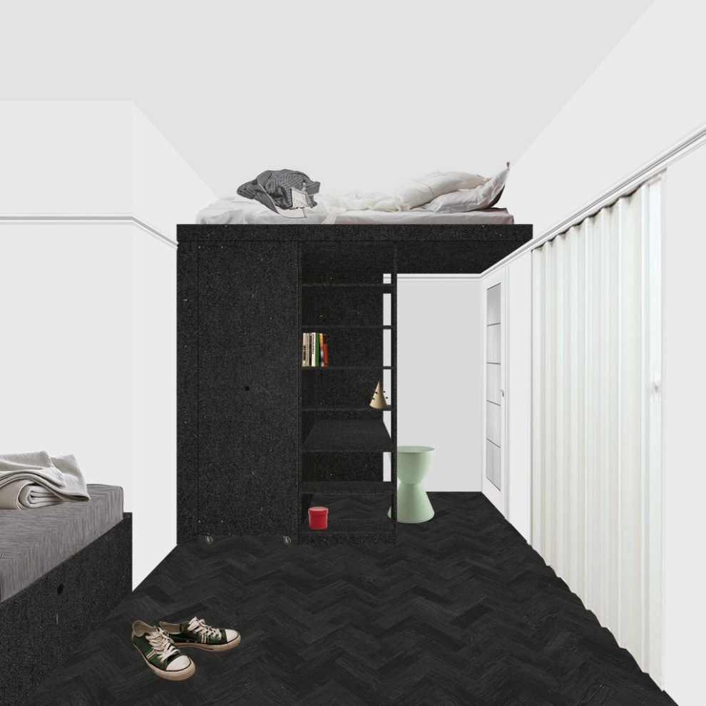Foto di una piccola camera da letto stile loft con pareti bianche, pavimento in legno verniciato e pavimento nero