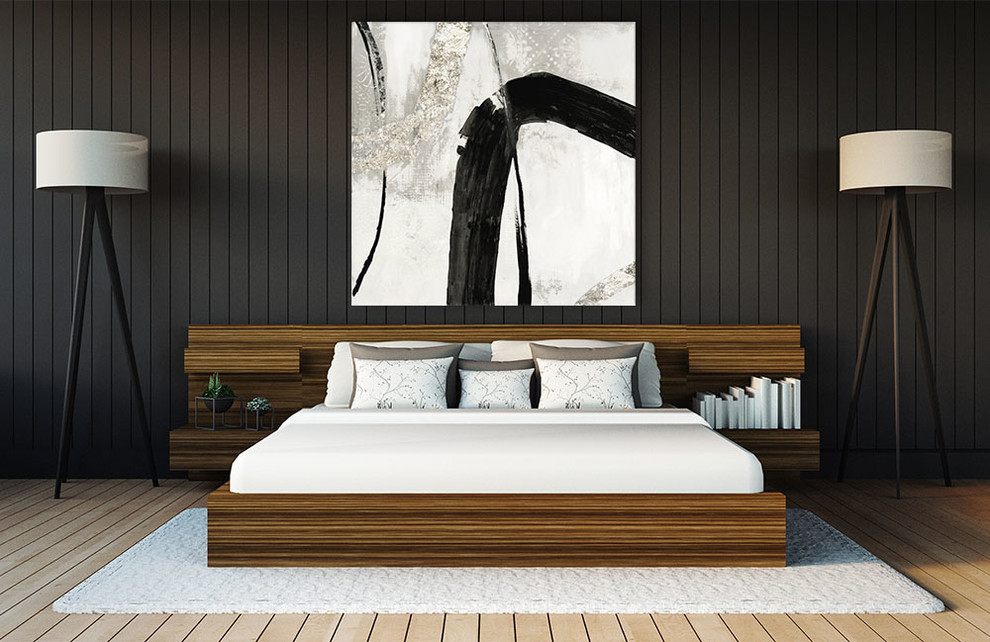 Modern inredning av ett gästrum, med svarta väggar, ljust trägolv och beiget golv