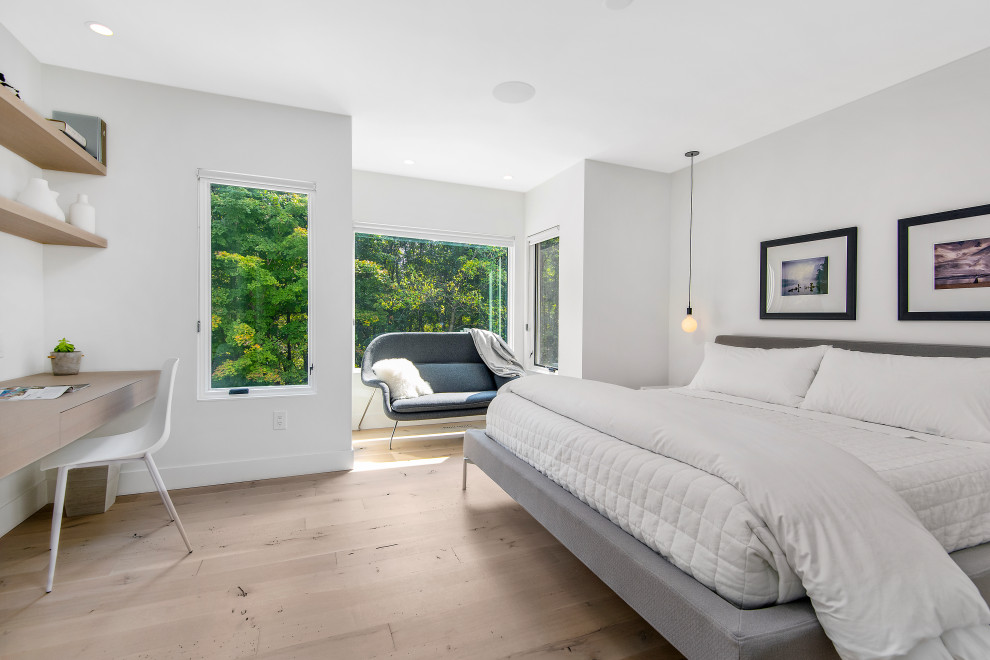 Modernes Hauptschlafzimmer mit weißer Wandfarbe, hellem Holzboden und beigem Boden
