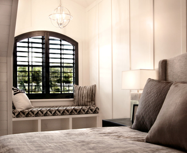 Black Stained Arch Top Guest Room Shutters-Alpine Blvd - Transitional - Bedroom - Salt Lake City