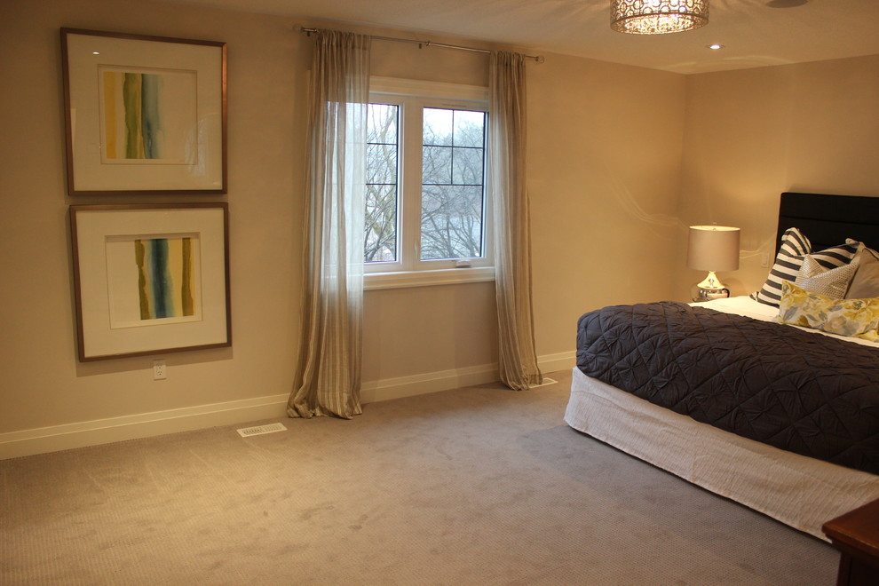 Стильный дизайн: спальня среднего размера в современном стиле с серыми стенами и ковровым покрытием - последний тренд