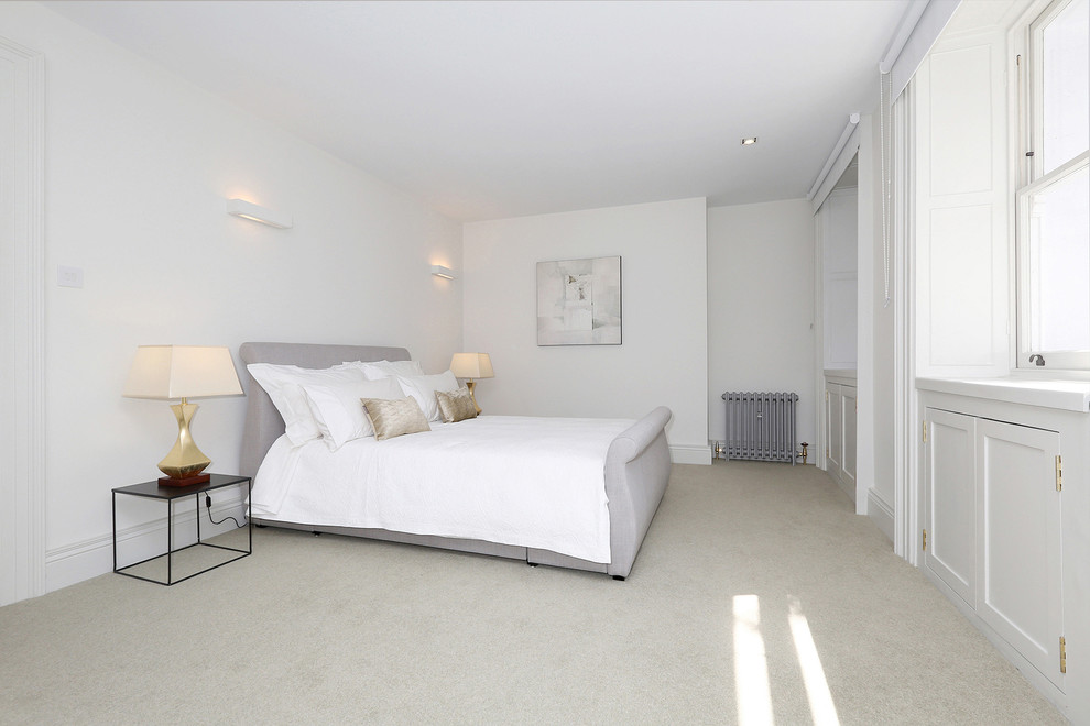 Design ideas for a large contemporary master bedroom in London with white walls, carpet, no fireplace and grey floors.