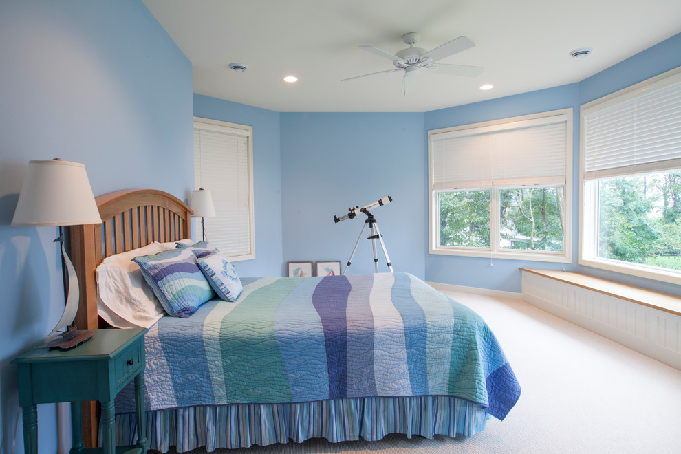 Cette image montre une chambre marine avec un mur bleu.